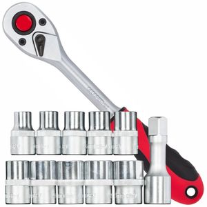 Jogo de Soquetes Sextavados 1/2"" 10-19mm + Catraca Embalagem com 12 Peças - 3300030 - GEDORE RED