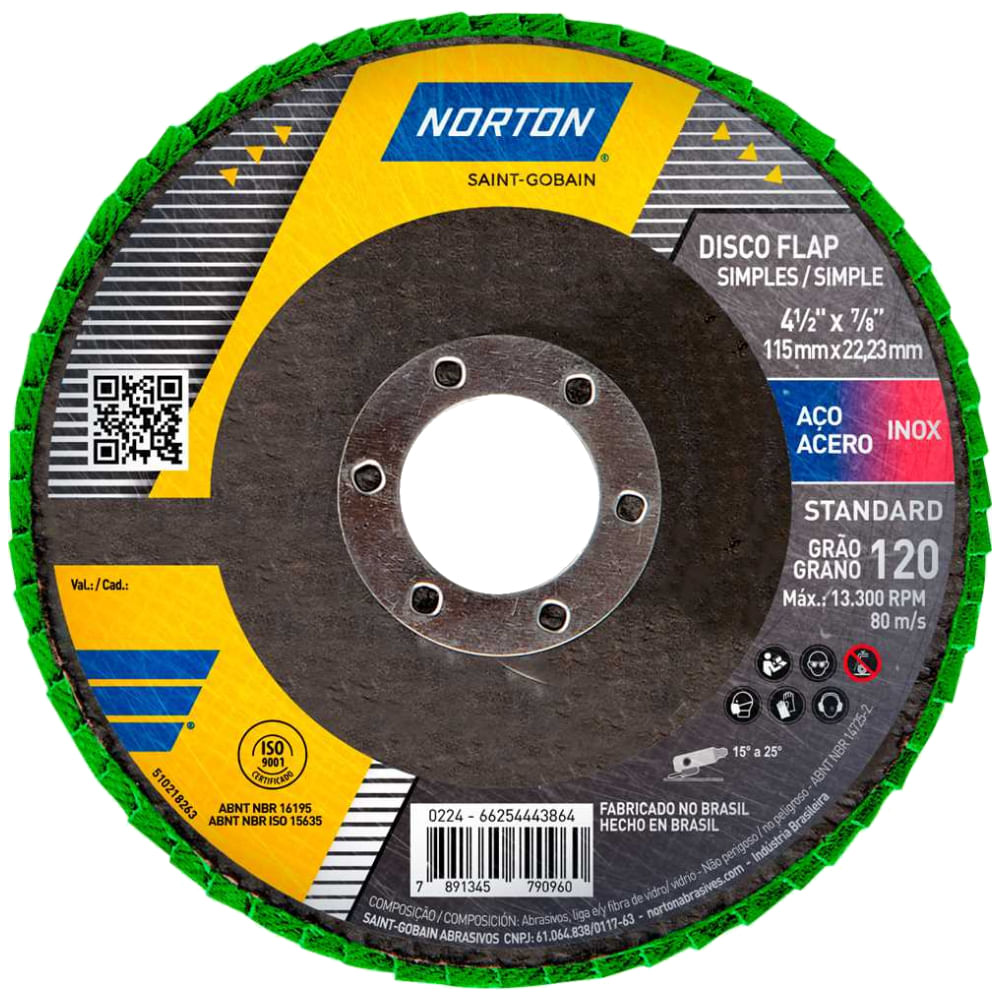Imagem do produto Disco Flap Fibra 4.1/2' Grão 120 R244 Standart 115x22,23mm 0120 - 66254443864 - NORTON