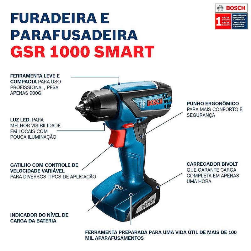 Parafusadeira _ Furadeira a Bateria GSR1000 Smart - 06019F40E3000 - BOSCH