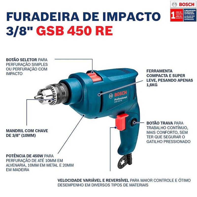 Furadeira de Impacto GSB 450 RE 3_8__ + Jogo de Brocas e Bits X-Line com 30 Pecas - BOSCH -2-