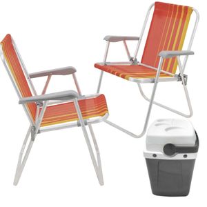 Kit de Praia com Caixa Térmica de 18 Litros Cinza + 2 Cadeiras de Praia Alta em Alumínio com Assento Laranja e Amarelo
