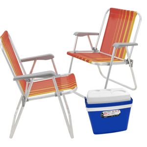 Kit de Praia com Caixa Térmica de 18 Litros Azul + 2 Cadeiras de Praia Alta em Alumínio com Assento Laranja e Amarelo