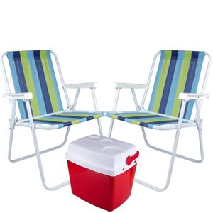 Kit de Praia com Caixa Térmica de 18 Litros Vermelha + 2 Cadeiras de Praia Alta em Aço Cores Sortidas