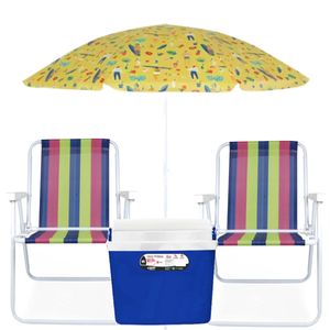 Kit de Praia com Caixa Térmica de 18 Litros Azul + 2 Cadeira de Praia Alta em Aço Cores Sortidas + Guarda Sol 1.50 Metros Sortidos