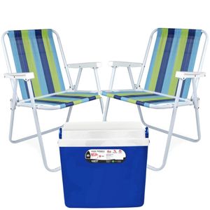 Kit de Praia com Caixa Térmica de 18 Litros Azul + 2 Cadeiras de Praia Alta em Aço Cores Sortidas