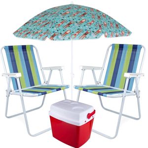 Kit de Praia com Caixa Térmica de 18 Litros Vermelha + 2 Cadeira de Praia Alta em Aço Cores Sortidas + Guarda Sol 1.50 Metros Sortidos