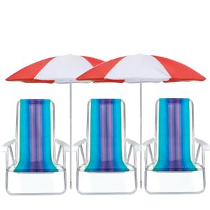 Kit de Praia com 3 Cadeiras de Praia Reclinável Alumínio 4 Posição Cores Sortidas + 2 Guarda-Sol 1,80 Metros Vermelho com Branco - MOR