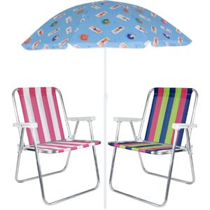Kit de Praia com 2 Cadeiras Alta Alumínio Sortidas + Guarda Sol 1.50 Metros Sortido