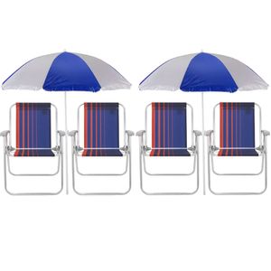Kit de Praia 4 Cadeiras de Praia Samoa Alta em Alumínio com Assento Azul Escuro e Laranja + Guarda-Sol 1.80m Azul com Branco