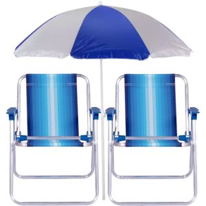 Kit de Praia 2 Cadeiras de Praia Alta em Aço Cores Sortidas + Guarda-Sol 1.80m Azul com Branco