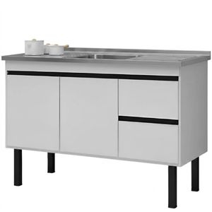 Kit Gabinete Branco para Cozinha Color em Madeira MDF de 1,14 Metros Para Pias de 1,20 Metros + Pia de Cozinha Inox Cuba Central 120x52cm
